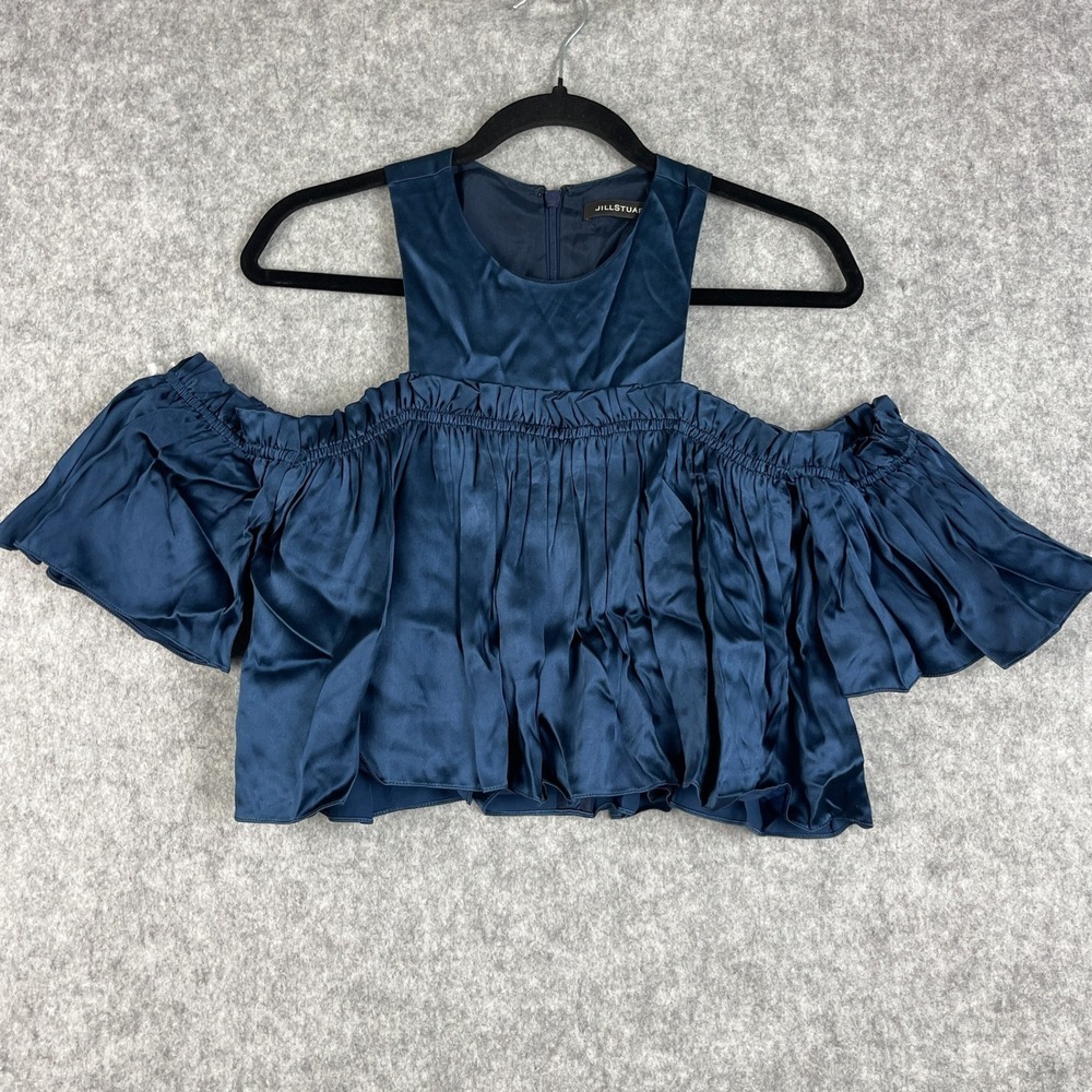 Jill Stuart Satin Top Womens XS Blue Cropped Off Shoulder Pleated Ruffle - Picture 2 of 16